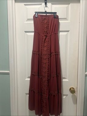 Strapless Lace-Trim Maxi Dress in Rust